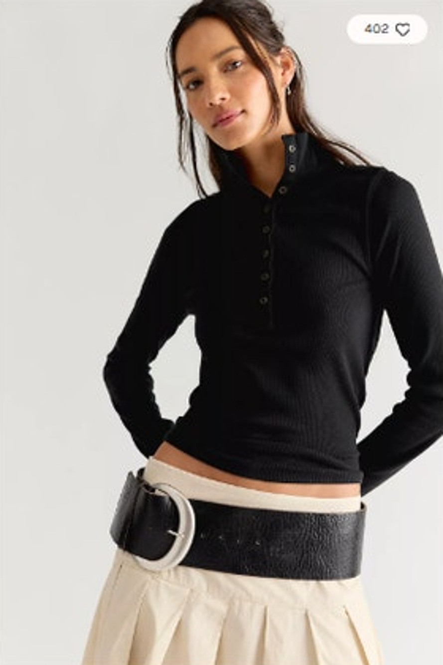 NEW! We The Free 'Lake Stand' Collar Stretch Cotton Rib Henley in BLACK (XL)